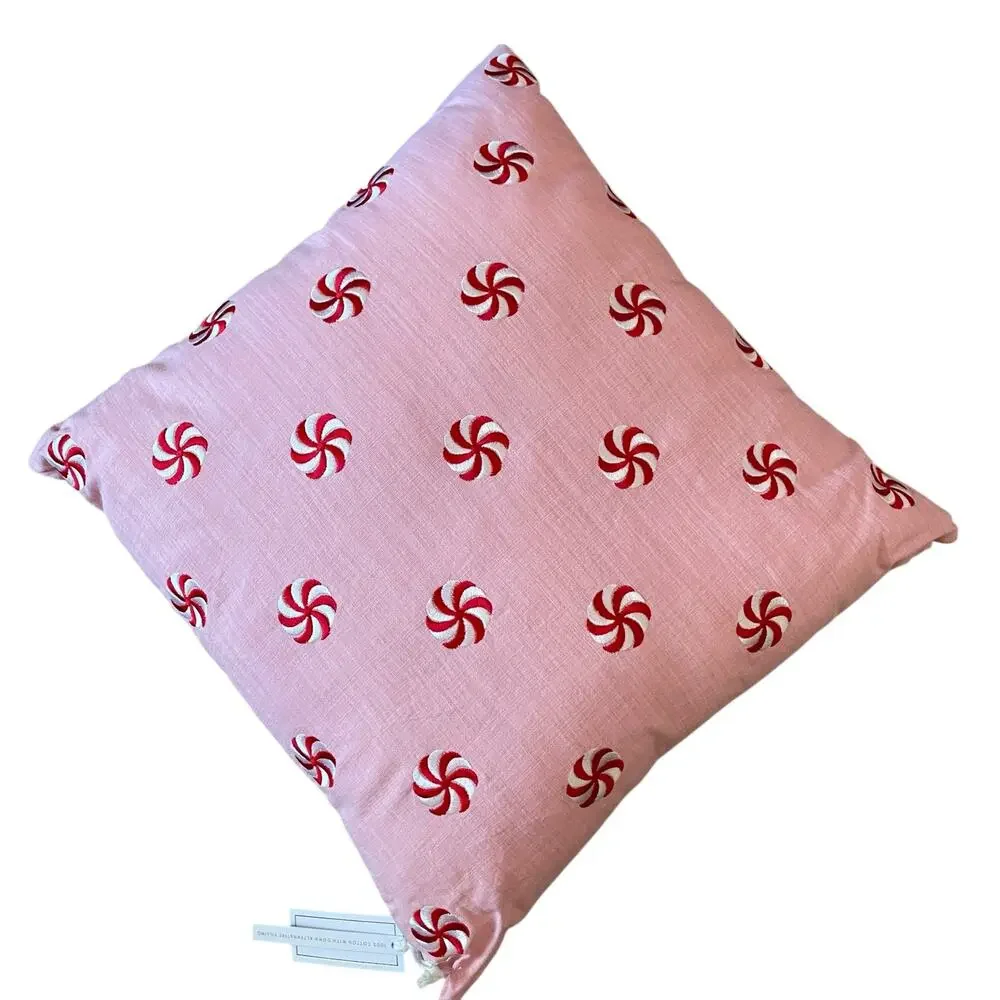 Pinkmas Peppermint Swirl Pillow 20x20 Embroidered Christmas Holiday Decor NEW